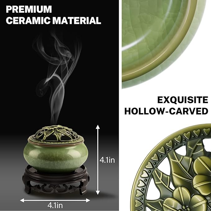 Ceramic Incense Burner with Lotus Incense Holder, Multi-Functional Incense Burner Holder for Incense Sticks, Coil Incense and Cones, Perfect Home Decor