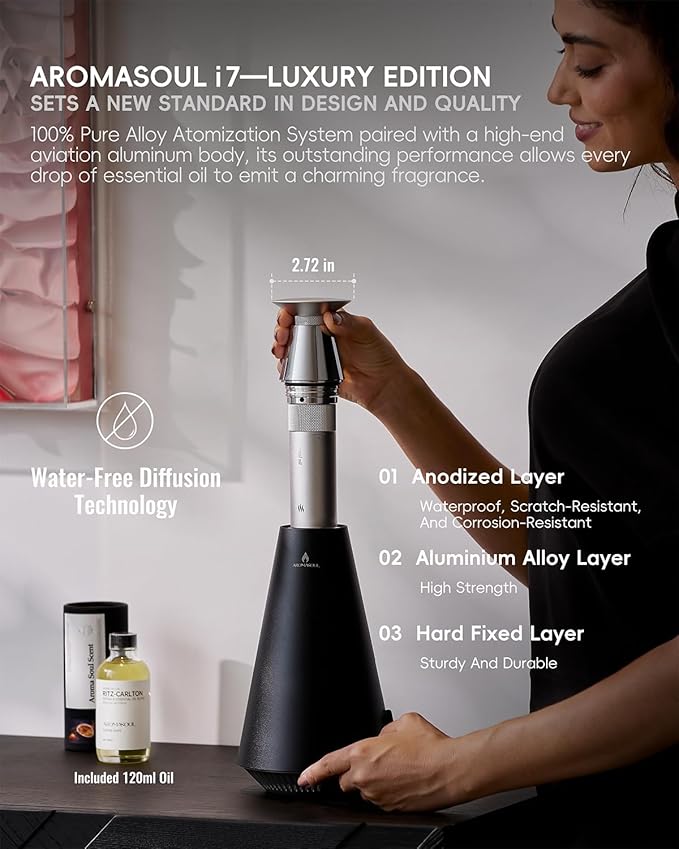Waterless Scent Diffuser Starter Kit - 1500 Sq Ft Coverage, Alloy Atomization System,Mood Light,Smart Rechargeable Hotel Scent Diffuser, Including 120ml Essential Oil, for Home,Large Room,Spa,Black - Bloomnest