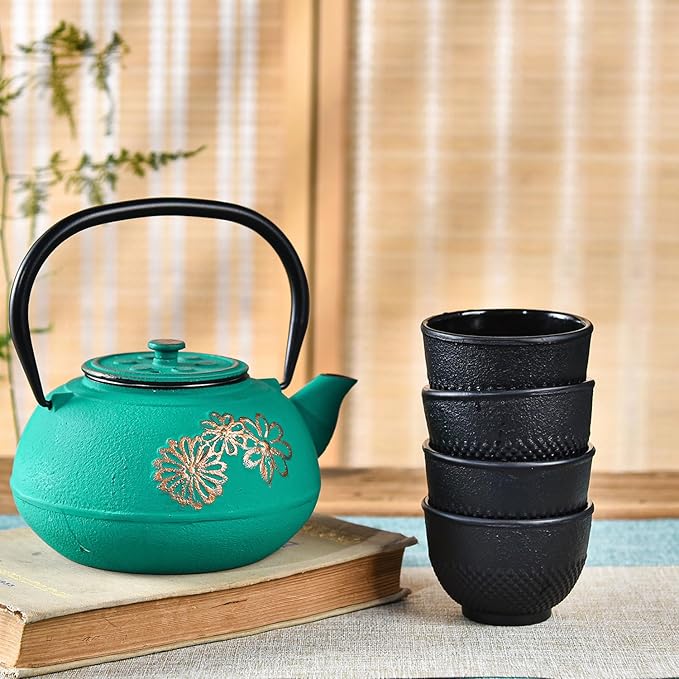 Sungmor Cast Iron Black Teacups, Set of 4 & 5 oz - Japanese Tea Cups with Enamel Interior, Traditional Gongfu Tea Set, Durable Heat-Retaining Tetsubin Style Drinkware - Bloomnest