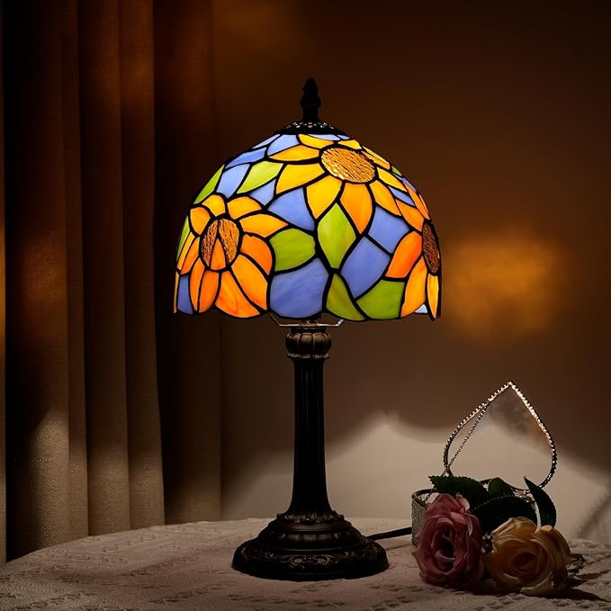 Tiffany Lamp Bedside Table Lamp-Nightstand,Stained Glass Lamp for Bedroom Dorm Living Kitchen, Aesthetic Cute Home Decor Gift (Blue Background Sunflower) - Bloomnest