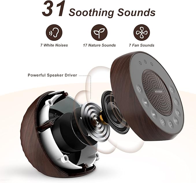 Housbay White Noise Machine with 31 High Fidelity Soothing Sounds, 5W High Power Loud Enough Speaker, Easy Volume Control, Sleep Timer, Sound Machine for Baby, Kids, Adults, Light Sleeper -Wood Grain - Bloomnest