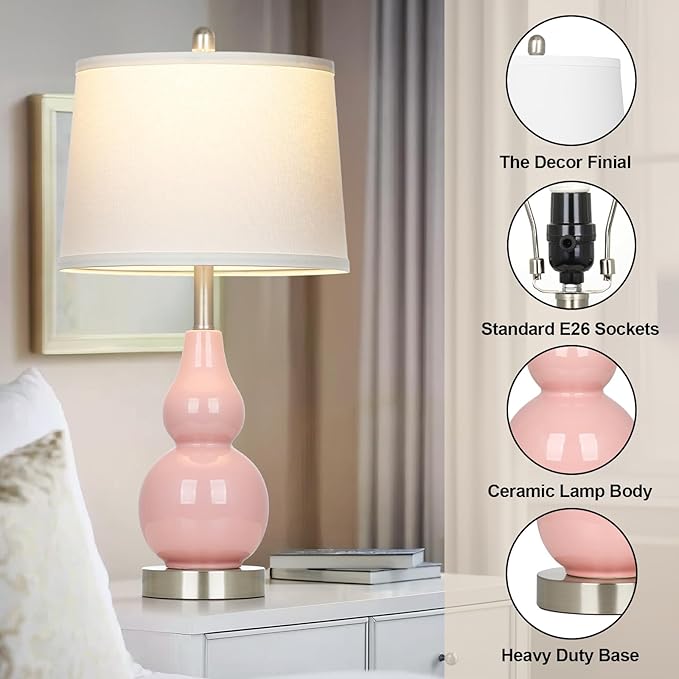 Pink Ceramic Lamps Set of 2, 25" Modern Double Gourd Ceramic Table Lamps for Living Room, Cute Bedside Nightstand Lamps with Fabric Shade for Bedroom End Table Home Office Girls Room(2 Bulbs Included) - Bloomnest