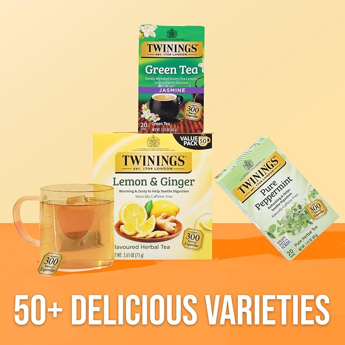 Twinings Lemon & Ginger Herbal Tea Individually Wrapped Bags, 50 Count (Pack of 6), Tangy Lemon & Spicy Ginger, Naturally Caffeine-Free, Enjoy Hot or Iced, 300 Teabags - Bloomnest