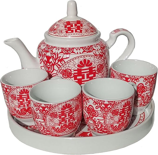 Chinese Tea Gift Set Service Porcelain Tea Pot 4 Cups tray for Adults Men Women Tea Ceremony Wedding Party Home Decor (Double Happiness S)