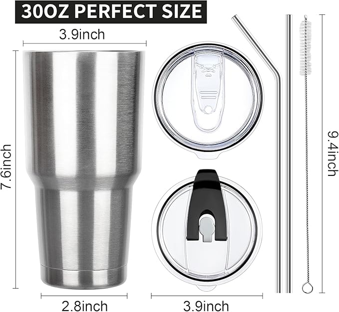 30 oz Tumbler with Lids and Straws Double Wall Insulated Tumbler Cup,Stainless Steel Leak-proof Thermal Coffee Tumbler Powder Coated Travel Mug for Cold and Hot Beverages,Silver - Bloomnest
