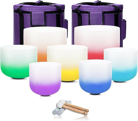 432hz Crystal Singing Bowl Healing 6-12inch Set of 7 Aria Gradient for Meditation Yoga Heart Chakra Singing Bowls Heavy Duty Carrying Case Rubber Mallet Suede Striker - Bloomnest