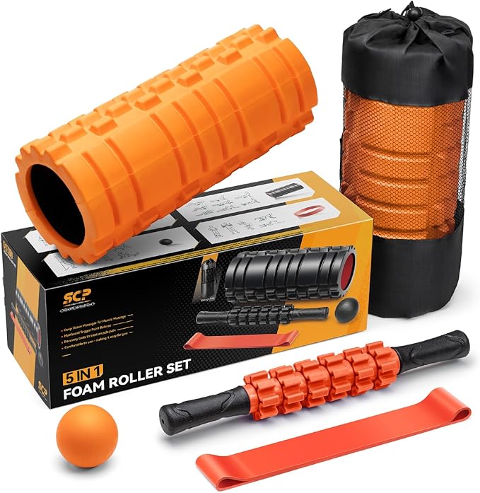 5 in 1 Foam Roller Set for Deep Tissue Muscle Massage, Trigger Point Fitness Exercise Foam Roller, Massage Roller, Massage Ball, Stretching Strap, for Whole Body(Orange-Black) - Bloomnest