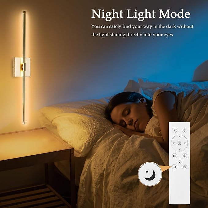 LED Wall Sconces with Remote Control, Dimmable Wall Sconces Set of 2, 5 Colors 3000K-6500K & Dimmable, Hardwire Wall Light with Timer & Night Light, LED Gold Wall Lamps for Living Room, Bedroom - Bloomnest