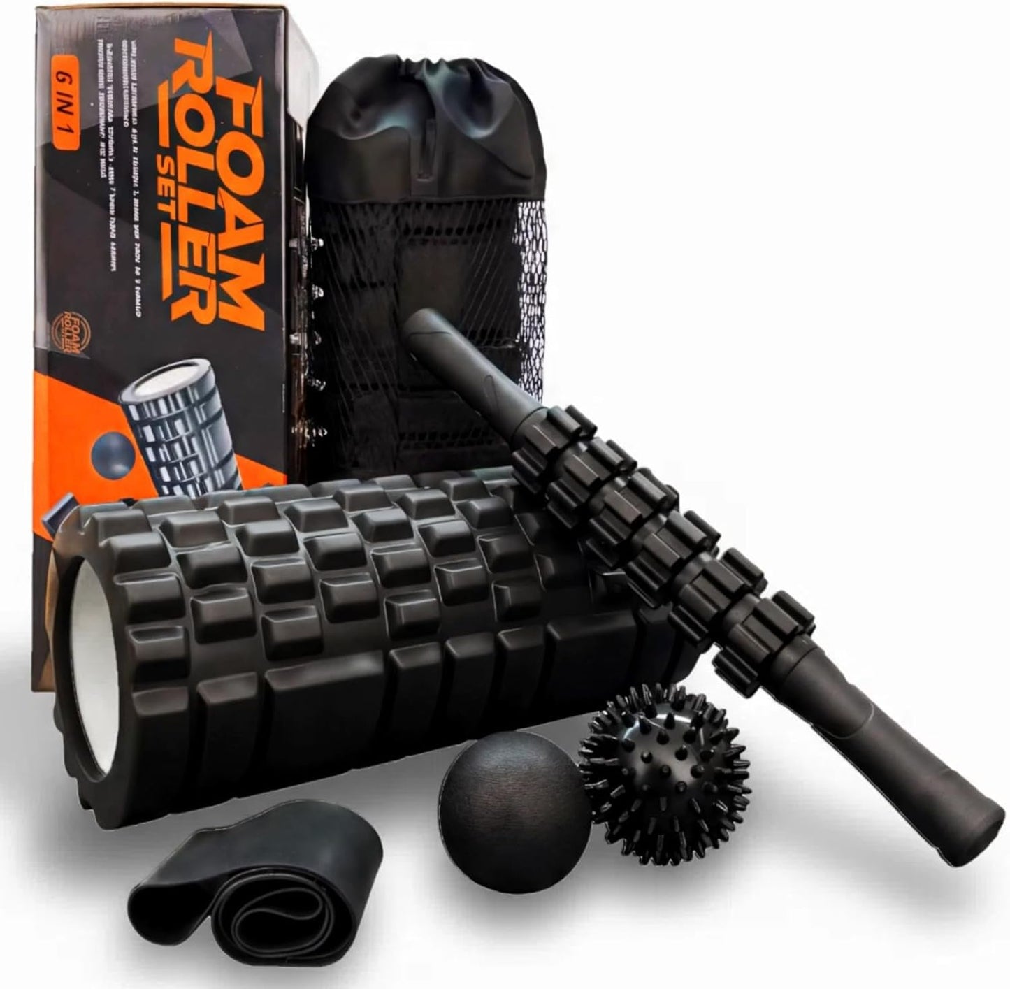 6 in 1 Foam Roller Set Includes Hollow Core Massage Roller, Yoga Stick, Massage Ball, Fitness Stretching Strap, Carrying Bag, Towel, Massage Roller (Black)