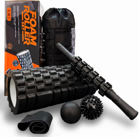 6 in 1 Foam Roller Set Includes Hollow Core Massage Roller, Yoga Stick, Massage Ball, Fitness Stretching Strap, Carrying Bag, Towel, Massage Roller (Black)