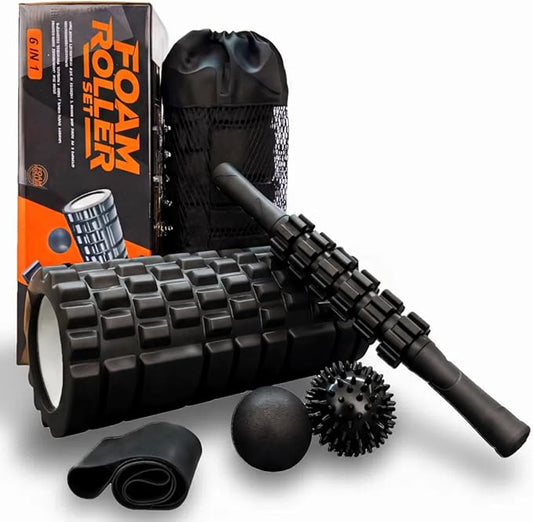 6 in 1 Foam Roller Set Includes Hollow Core Massage Roller, Yoga Stick, Massage Ball, Fitness Stretching Strap, Carrying Bag, Towel, Massage Roller (Black) - Bloomnest