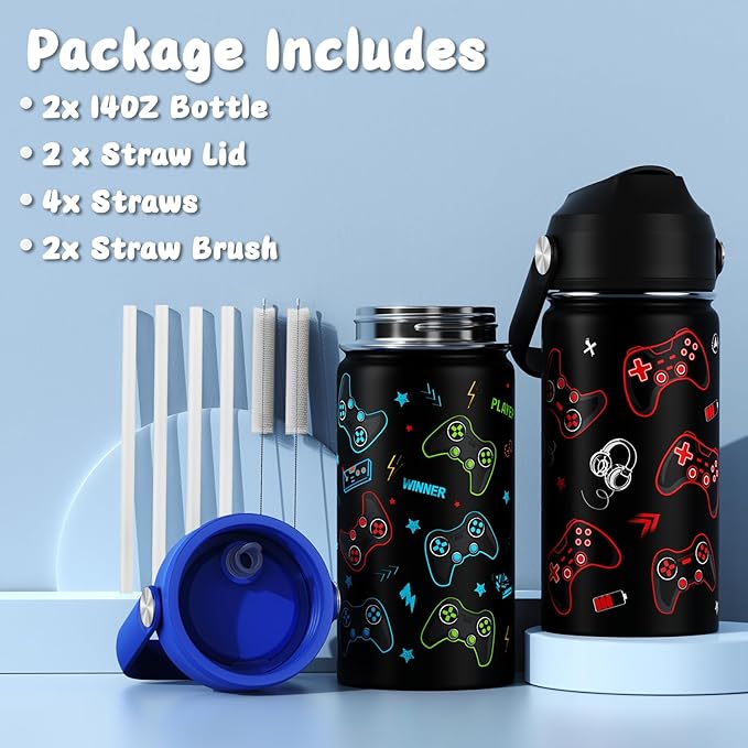 14oz Kids Insulated Water Bottle with Straw Lid - 18/8 Stainless Steel Kid Cup Travel Tumbler Double Wall Vacuum Leak Proof Portable Toddler Water Bottle (Game Blue+Red） - Bloomnest
