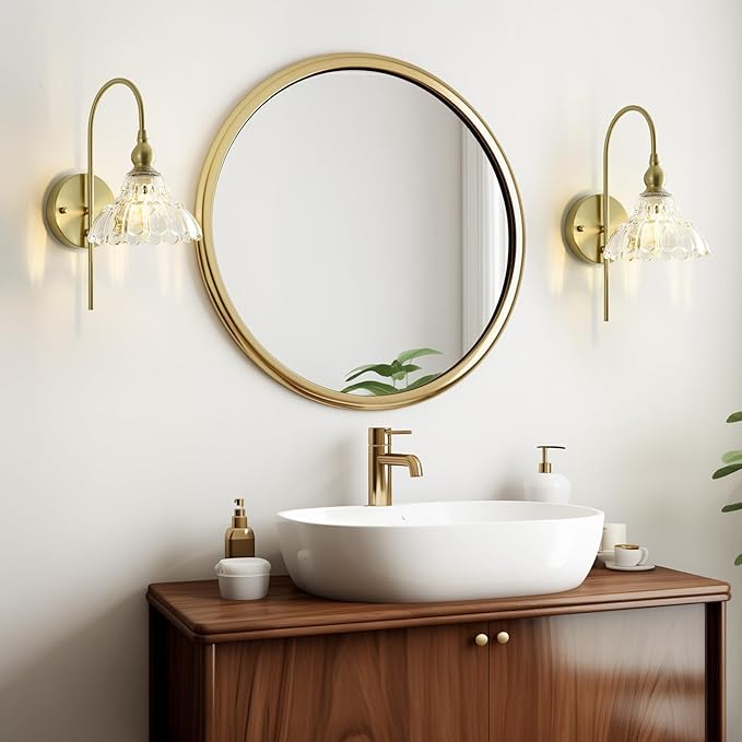 Vintage Wall Sconces with Clear Flower Glass Lampshade, Indoor Bath-Room Wall Sconce, Modern Gold Industrial Lighting Fixture for Mirror Living Room Hallway 1 Pack - Bloomnest