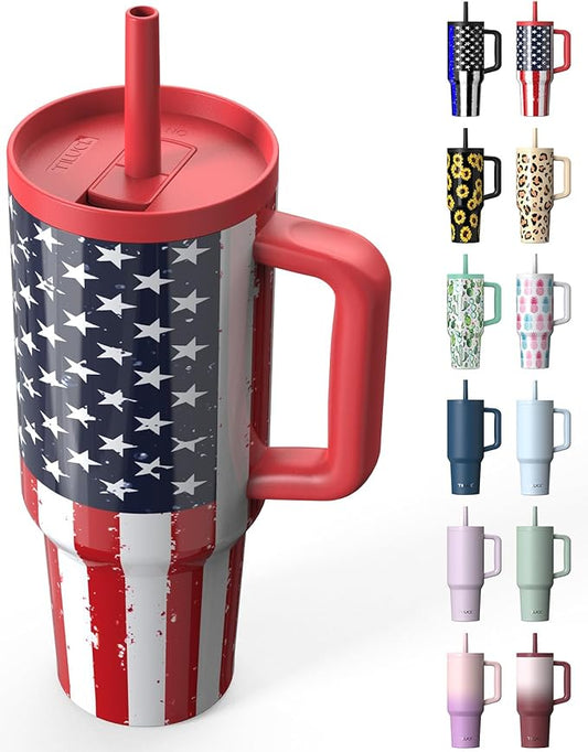 TILUCK 40 oz Tumbler with Handle, Vacuum Insulated Stainless Steel Travel Mug with 100% Leak-Proof Silicone Straw Lid, Cupholder Friendly Water Bottle(RedFlag, 40oz)