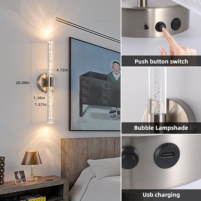 Modern LED Battery Operated Wall Sconces Set of Two, Dimmable Bathroom Crystal Wall Sconce, USB Rechargeable Brushed Nickel Vanity Wall Lamp, Bubble Wall Lights For Bedroom, Living Room. 20-Inch - Bloomnest