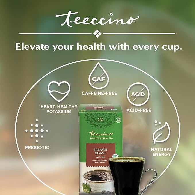 Teeccino French Roast Herbal Tea - Rich & Roasted Herbal Tea That’s Caffeine Free & Prebiotic for Natural Energy, Coffee Alternative, 25 Tea Bags - Bloomnest
