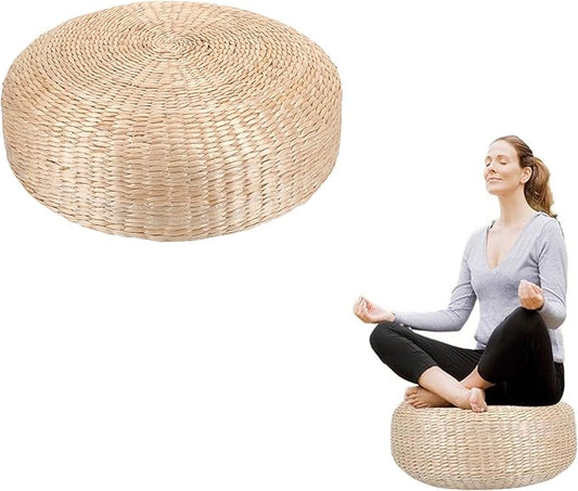 Round Hand-Woven Meditation Floor Pillow Seat for Adults, Big Thick Straw Tatami Floor Cushion for Living Room (19.3x19.3x7.8) - Bloomnest