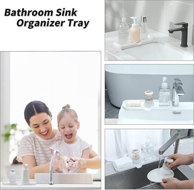 Silicone Bathroom Soap Dishes with Drain Spout-Bathroom and Kitchen Sink Organizer,Sponge Holder,Dish Soap Tray,Perfect for Dispenser,Scrubber,Bottle,Cup on Sink or Counter-White 12"×4" - Bloomnest