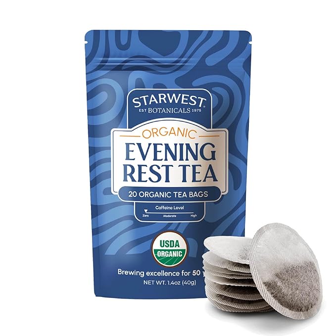 Starwest Botanicals Organic Evening Rest Tea - Caffeine Free Herbal Tea Blend for Sleep, Contains Chamomile & Lemon Balm, String Free Sachets, USDA Organic, Non GMO - 20 Tea Bags - Bloomnest