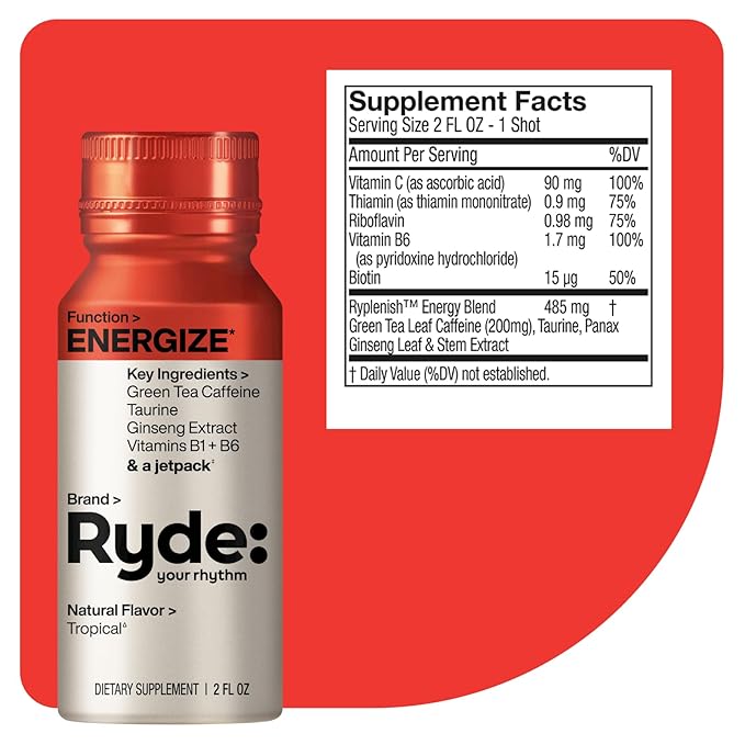 Ryde: Discovery Pack | Energize, Focus & Relax Shots | Green Tea Caffeine, Taurine, Ginseng, B Vitamins, L-Theanine, Lemon Balm, Chamomile | 0 Calories, 0 Sugar | Variety Pack – Try Them All (24 Pack) - Bloomnest
