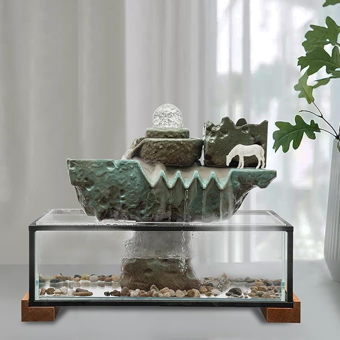 Modern Tabletop Water Fountain with LED Lights, 5.6 Gallon Fish Tank Decoration with Pump for Home Office Desk Decoration, Relaxing Desktop Waterfall Fountain with Mist Maker - Bloomnest
