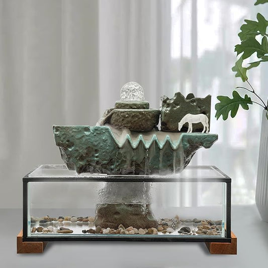 Modern Tabletop Water Fountain with LED Lights, 5.6 Gallon Fish Tank Decoration with Pump for Home Office Desk Decoration, Relaxing Desktop Waterfall Fountain with Mist Maker - Bloomnest
