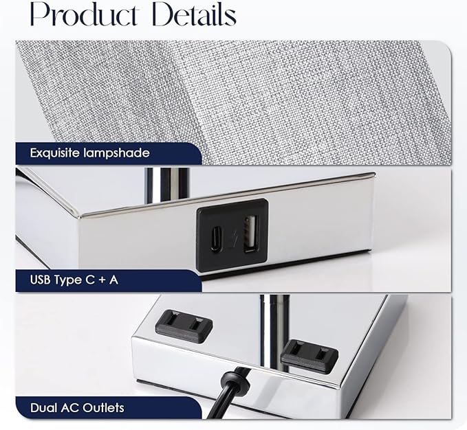 Bedside Lamp with USB Ports - Touch Control Table Lamp for Bedroom with USB C+A Charging Ports & AC Outlets, 3 Way Dimmable Nightstand Light for Living Room (LED Bulb Included, Chrome - Grey) - Bloomnest