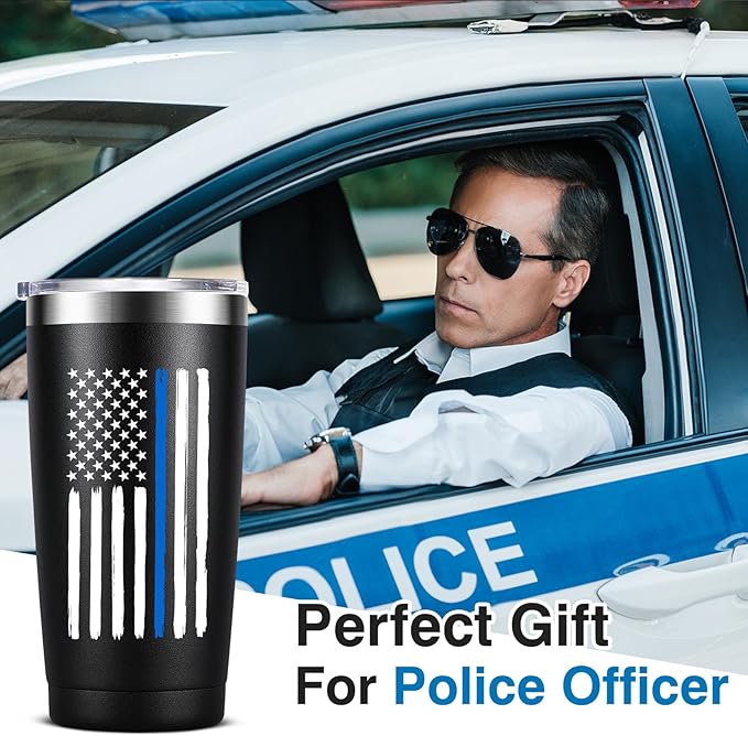 Thin Blue Line Police Officer Gifts - Cops Officer Valentine's Day Gift Coffee Cup - 20oz Stainless Steel Double Wall Insulated Tumbler, Black - Bloomnest