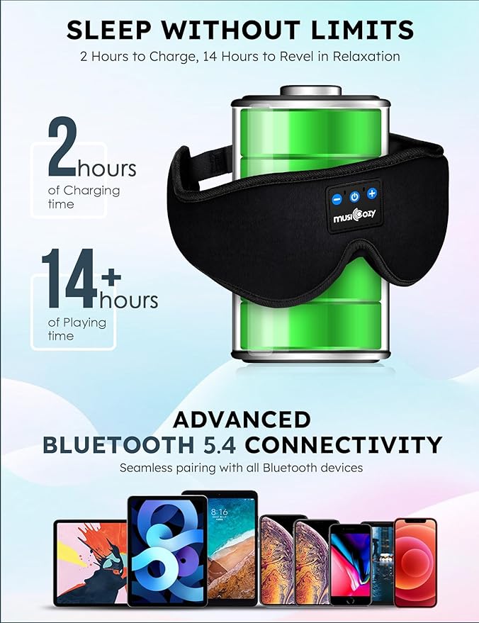 MUSICOZY Sleep Headphones, Bluetooth 5.4 Sleep Mask Headband Headphones Sleeping Eye Mask, Wireless Music Earbuds Earphones with HD Stereo Speakers for Side Sleepers, Cool Gadgets Unique Gift - Bloomnest