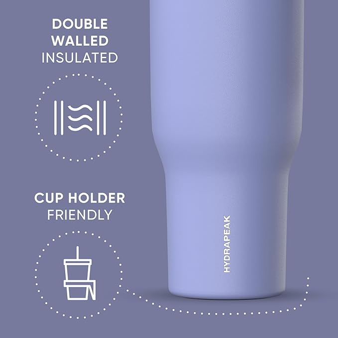Hydrapeak Voyager 40 Oz Stainless Steel Tumbler with Handle, Insulated Water Bottle With Straw & Lid, Cupholder Friendly Reusable Travel Mug (Periwinkle) - Bloomnest