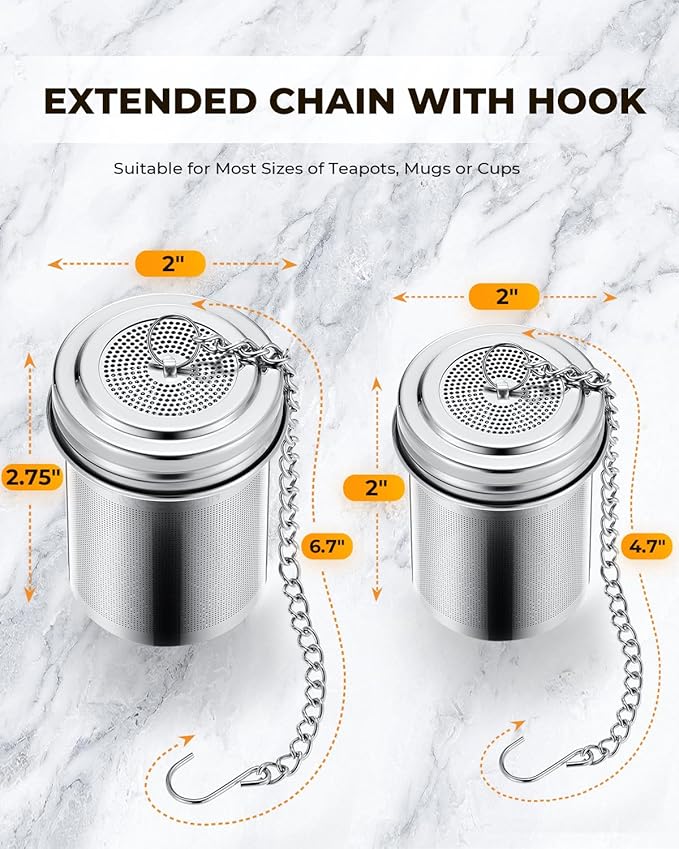 House Again Tea Infuser (2 Pack, Large + Small), Extra Fine Mesh Tea Strainers for Loose Tea, 18/8 Stainless Steel Tea Strainer with Extended Chain Hook, Tea Steeper - Bloomnest