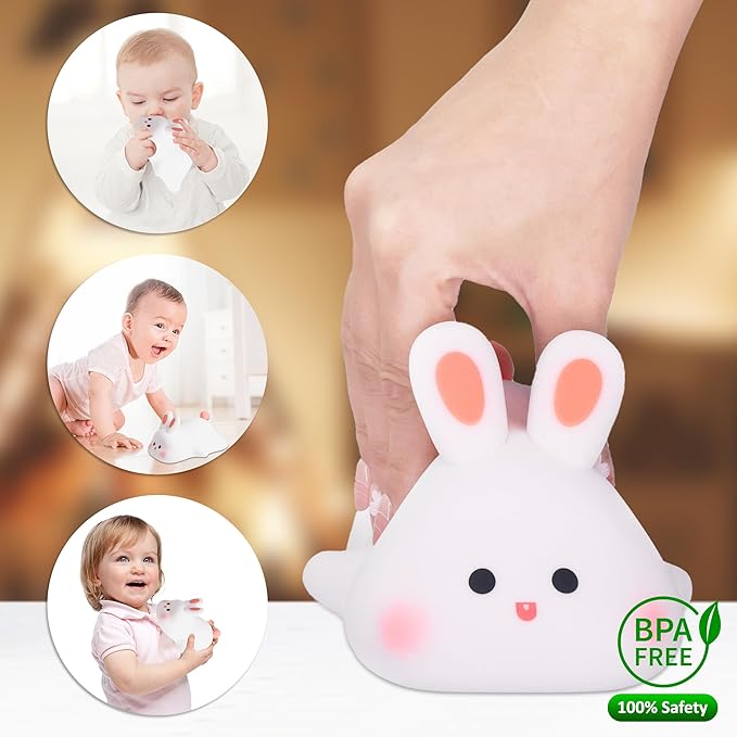 Attivolife Cute Bunny Nursery Light, Easter Rabbit Squishy Silicone Touch Night Lamp Rechargeable, Kawaii Animal Toddler Room Decor Table Lamp, Child Girl Women Birthday Gift - Bloomnest