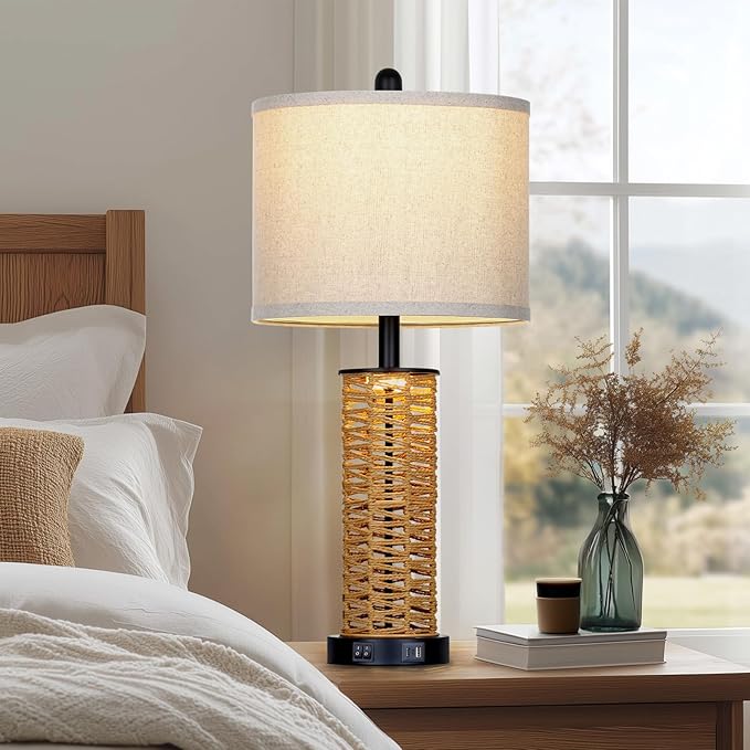 27" Boho Rattan Table Lamps Set of 2, Coastal Bedside Lamp with Night Light, Woven Wicker Bedroom Nightstand Lamps with USB A+C Charging Port, Tall Farmhouse Lamp for Living Room End Table - Bloomnest