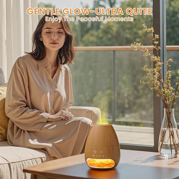 Ultrasonic Essential Oil Diffuser with Himalayan Salt Rock,Flame Diffuser with 7 LED Light,100ML Small Aromatherapy Oil Diffuser with Auto Off Function for Home, Office,Spa,Wooden Grain - Bloomnest
