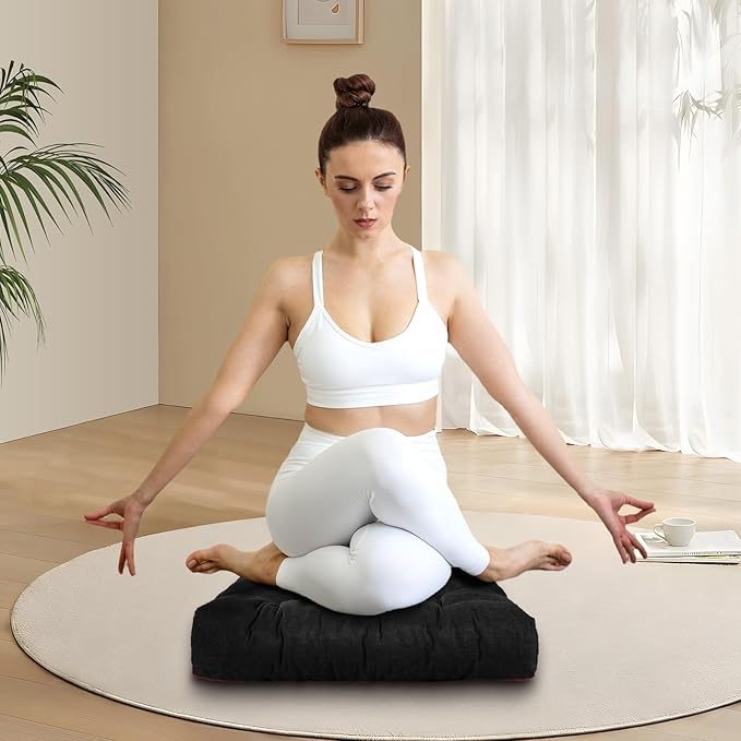 Meditation Floor Cushions Set of 2, Thickened Floor Pillow for Adults, Large Square Pillows Seat Cushion for Tatami Living Room Yoga, Memory Sponge Block Added, 22x22 Inch, Black