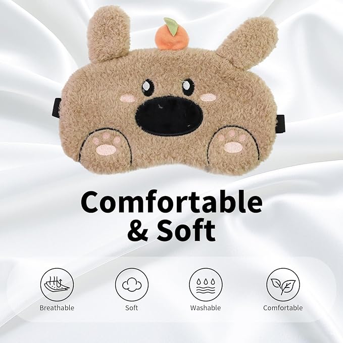 Cute Sleeping Mask, Cat Soft Plush Fluffy Sleep Mask Funny Cartoon Kittens Dog Blindfold Novelty Eye Cover Eyeshade Shade for Kids Girls and Adult Travel (White+Brown) - Bloomnest