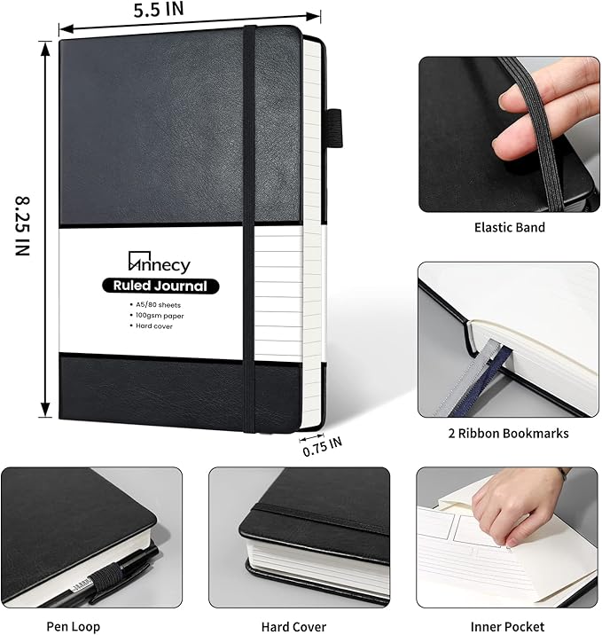 Annecy Lined Journal Notebook, Hardcover Leather Journal for Women & Men, 160 Numbered Pages, Medium 5.5" x 8.25", 100 GSM Thick Paper, Black - Bloomnest