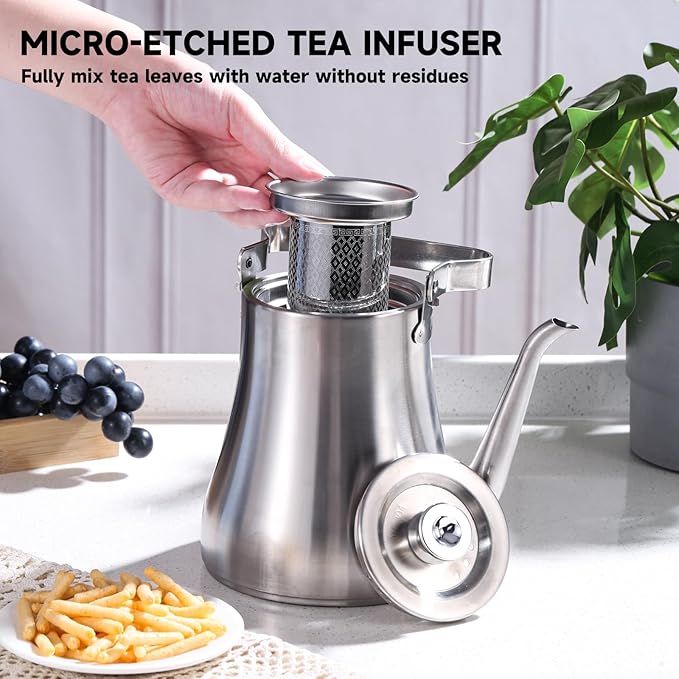 68OZ/2000ML Stainless Steel Teapot with Removable Infuser for Loose Leaf & Tea Bags, Stovetop Safe Tea Maker Water Kettle for Home Kitchen Hotel Restaurant Outdoor, Silver
