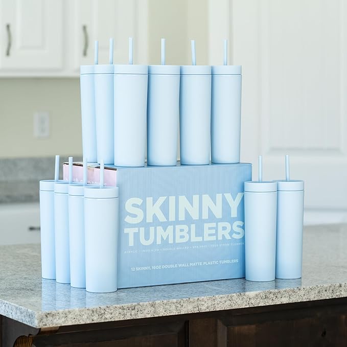 STRATA CUPS Periwinkle Skinny Tumblers with Lids and Straws (12 pack) - 16oz Double Wall Acrylic Tumbler, Tall Matte Skinny Tumblers, Bulk with Free Straw Cleaner, Reusable Cups - Bloomnest