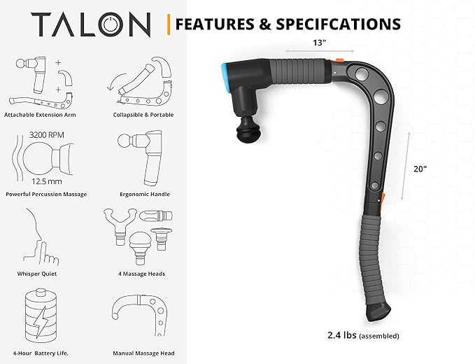 Brazyn - Talon Percussion Massage Gun + Massage Cane + Gun Holder System - Deep Tissue Muscle Massager with Arm Attachment for Whole Body Pain Relief, Upper and Lower Back, Neck & Shoulder Relaxer - Bloomnest