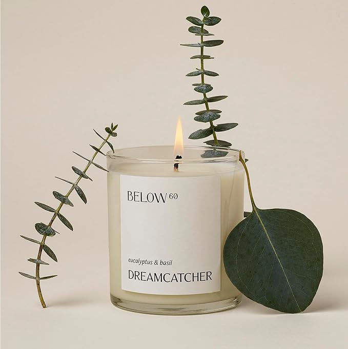 Below 60 Scented Candle – Dreamcatcher – Essential Oil-Based Fragrance – Hand-Made with Paraffin-Free Soy Wax – 100% Cotton Wick – 50 hr Burn Time - Founded by Hilary Duff – Eucalyptus & Basil (10oz) - Bloomnest