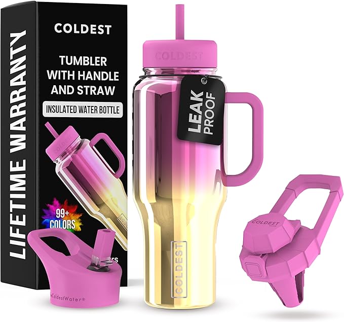 Coldest Tumbler with Handle and Straw - 100% Spill Proof Tumbler with Straw (3 Lids) - Stainless Steel Insulated Leakproof Tumblers for Women & Men - Cup Holder Friendly - 36 oz (SunTan Nova) - Bloomnest