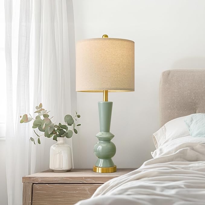 PORTRES 27" Modern Ceramic Table Lamp Set of 2 for Living Room Green & Gold Bedside Lamps for Bedroom Nightstand Lamp Tall End Table Lamps - Bloomnest