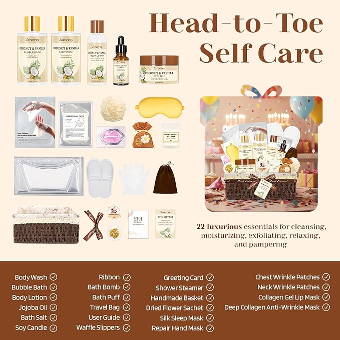 22PCS Valentines Day Spa Gift Baskets for Women, Luxury Bath and Body Gift Basket Set for Women Coconut Vanilla Spa Kit Relaxing Spa Self Care Gift for Her Wife Lover Mom Sister Friend