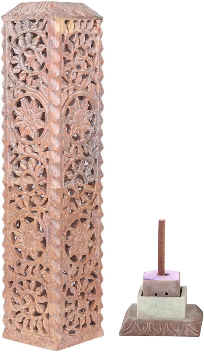 Carry Me Handmade Marble Soapstone Incense Stick Burner | Candle Stick Holder | Tea Light Stand - Floral Carving for Gifting. Decorative Incense Tower for Home and Office Decor. (3x3x11 Inches) - Bloomnest