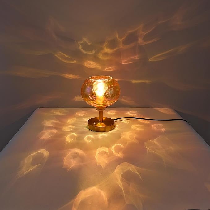 Touch Control Hammered Glass Table Lamp Brass Gold Portable Dimmable Brightness Small Nightstand Light 3-Way Stepless Dimming Bedside Bedroom Living Room (Colorful Amber Glass & Gold) - Bloomnest