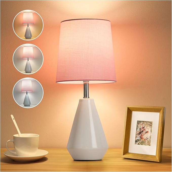 Small Bedside Table Lamp for Bedroom - Reading Desk Lamp with 3 Color Temperatures，15.5" Nightstand Ceramic Lamp with Fabric Shade for Kids Room,Living Room,Dorm,Home Office (White+Pink - Bloomnest