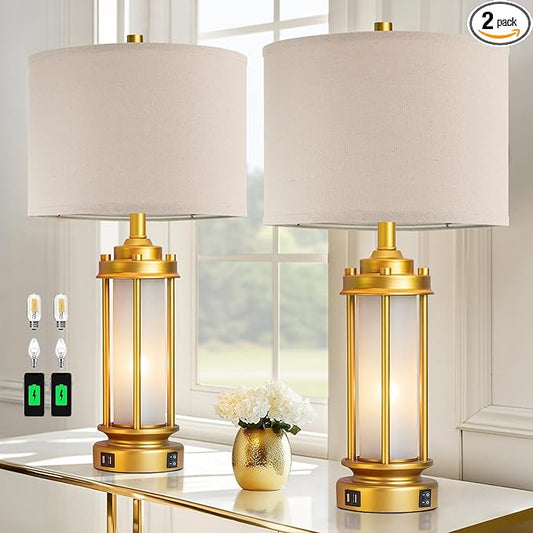 Set of 2 Modern Table Lamps for Living Room, Farmhouse Vintage Bedside Lamp with 2 USB Ports Glass Nightlight, Gold Nightstand Desk Lamps for Entryway Bedroom Dresser, 4 Bulbs Included - Bloomnest