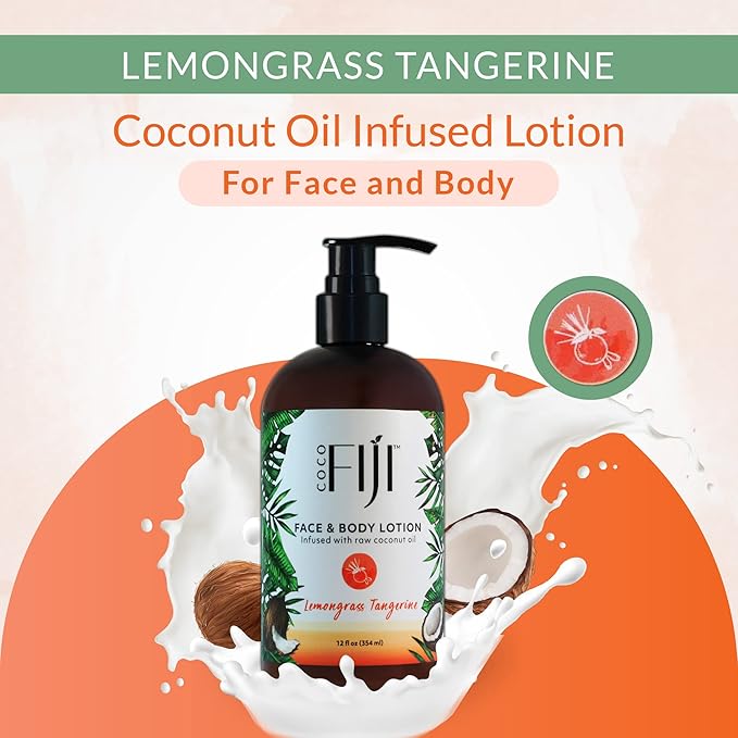 Coco Fiji Face & Body Lotion Infused With Coconut Oil | Lotion for Dry Skin | Moisturizer Face Cream & Massage Lotion for Women & Men | Lemongrass Tangerine 12 oz, Pack of 1 - Bloomnest