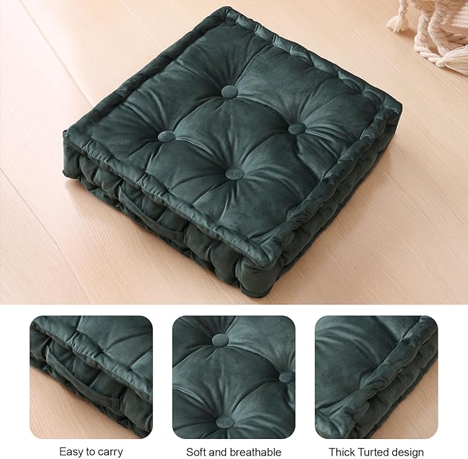 Square Floor Pillows, Large Floor Cushion for Adults Kids, Meditation Floor Pillow Seating Cushion with Shredded Memory Foam and Silk Wadding, 20"x20"x5" Dark Green 2 Count - Bloomnest